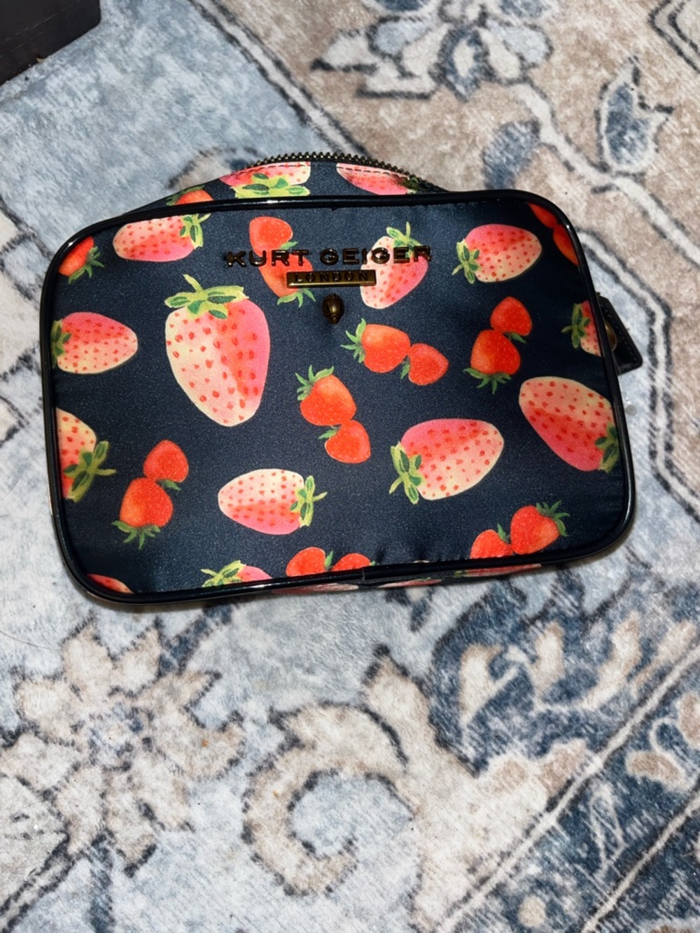 Kurt Geiger Navy Crossbody Bag with Pink Strawberry Print - Picture 2 of 6